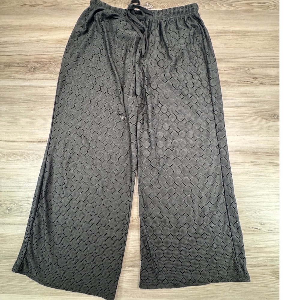 Alexa & Stella Womens Black Crochet Knit Wide Leg Drawstring Beach‎ Pants Large